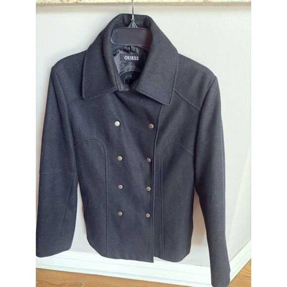 Vintage Guess Womens  SZ LG Pea Coat Double Breasted Black Wool Blend Jacket - Picture 2 of 14